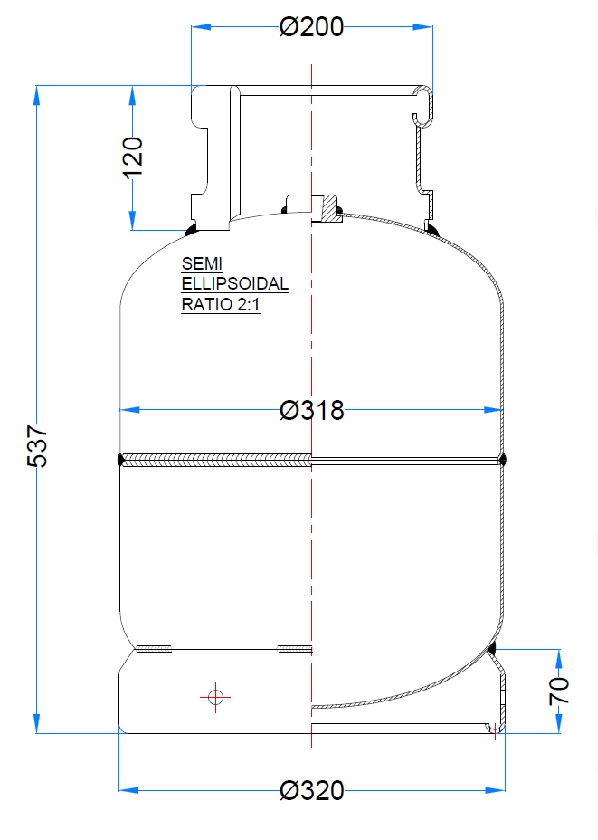 Haifa Oman Design of 13 Kg Domestic LPG Cylinder with Dimensions Displayed